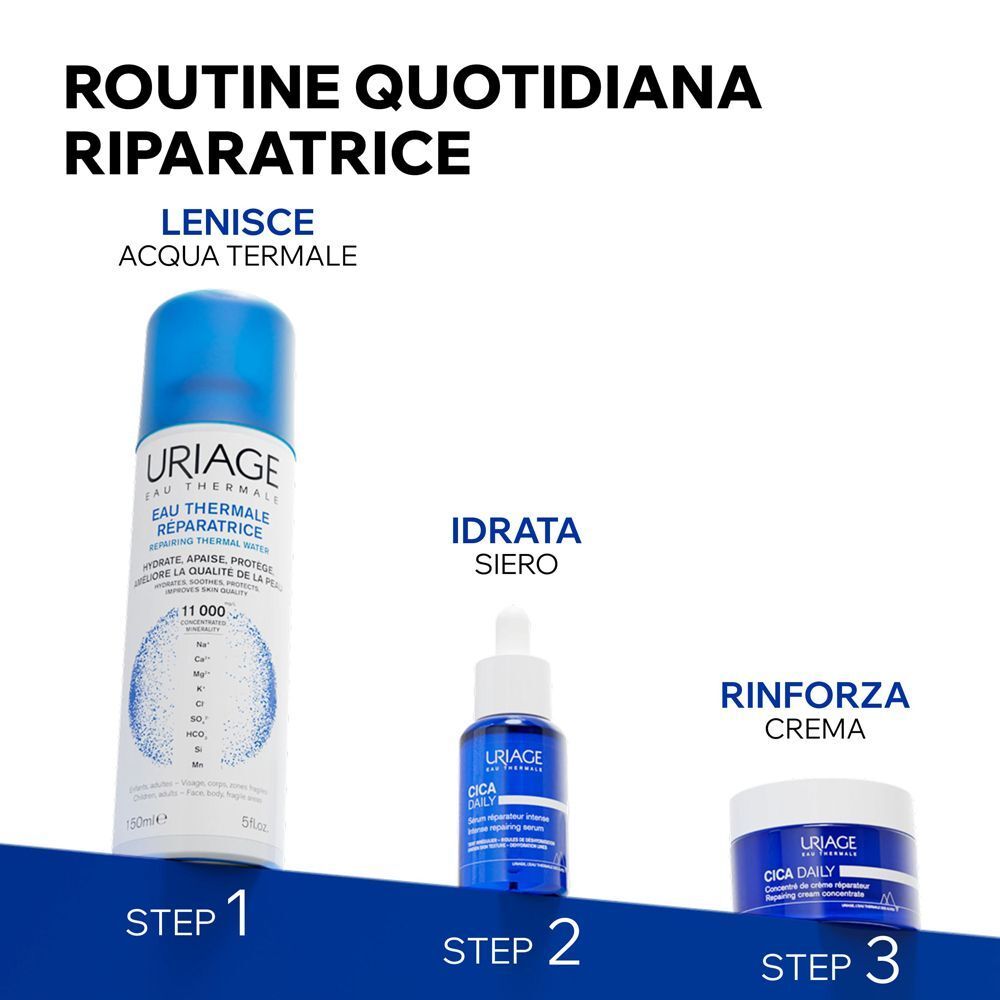 Tre passaggi di una routine per la cura della pelle: acqua termale, siero e crema Uriage Cica Daily.
