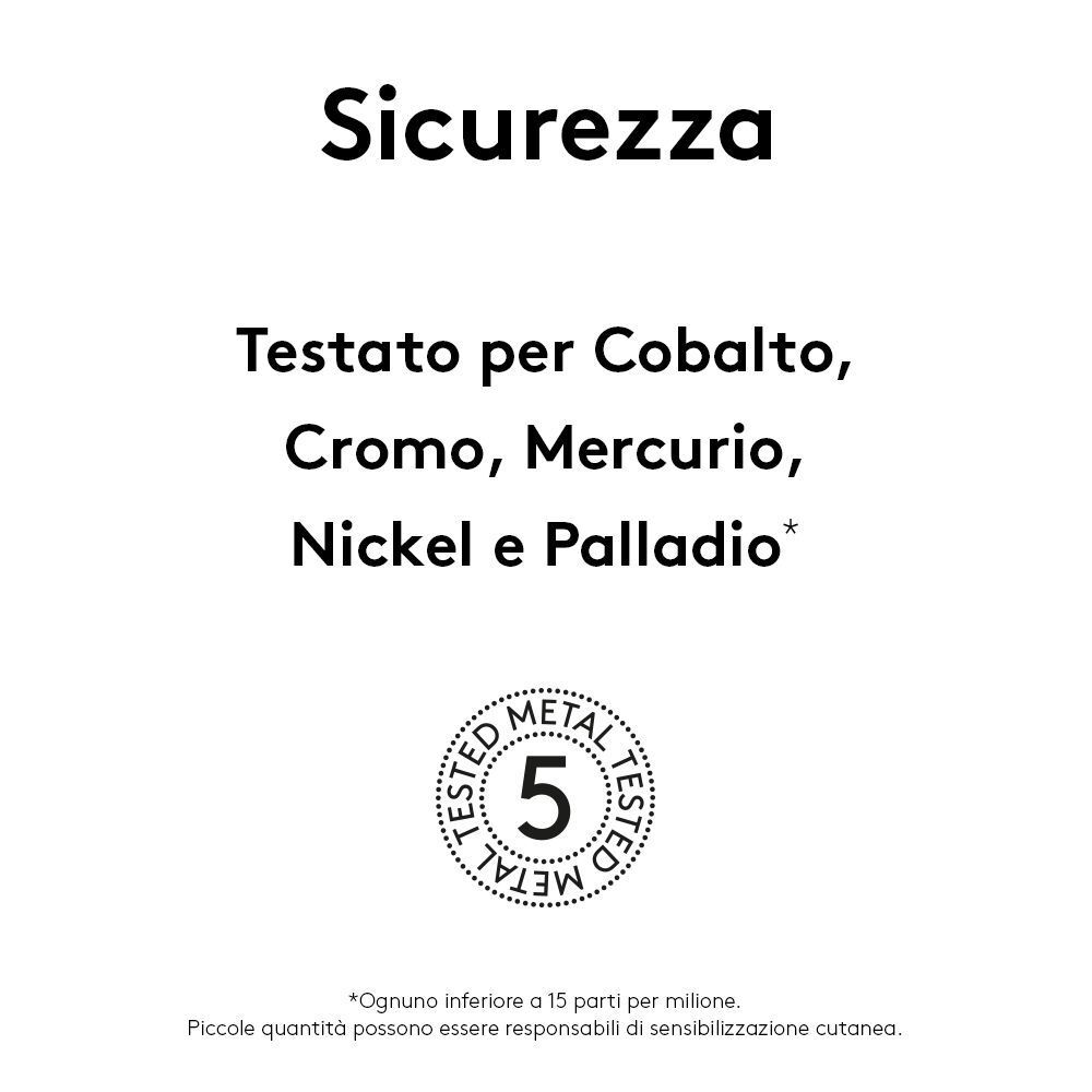 Testo: Sicurezza. Testato per Cobalto, Cromo, Mercurio, Nichel e Palladio. 5 Metal Tested.