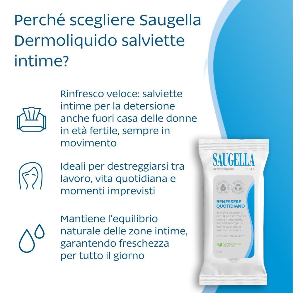 Salviette Saugella Dermoliquido: freschezza per l'igiene intima delle donne fertili.