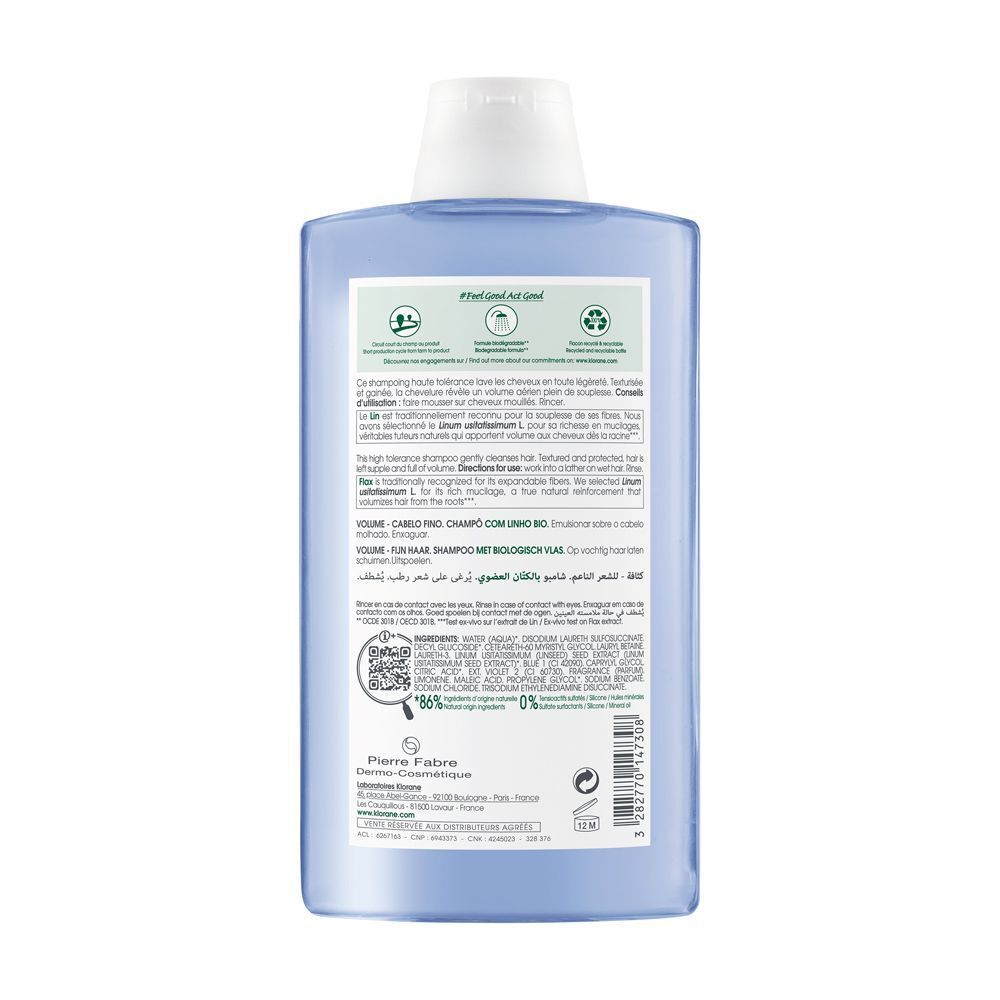 Retro di un flacone di shampoo Klorane con ingredienti e certificazioni.
