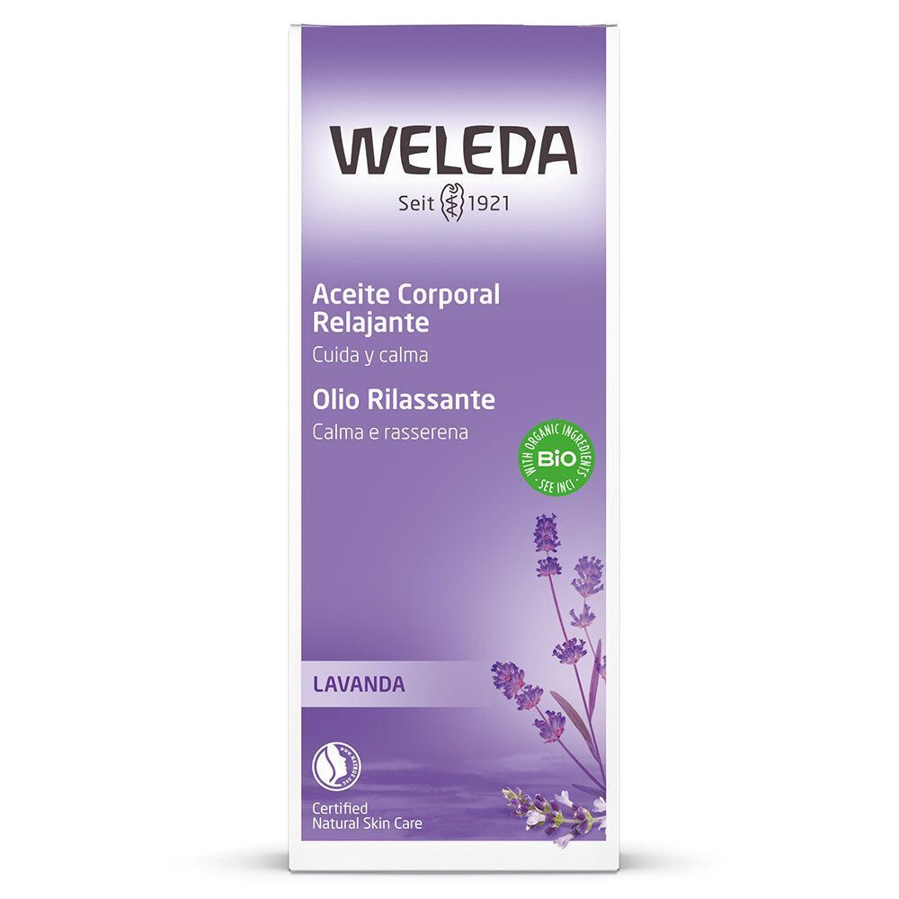WELEDA Olio corpo lavanda in flacone di vetro verde con erogatore e sigillo bio.