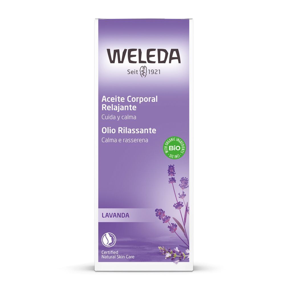 Confezione per olio alla lavanda Weleda con sigillo bio e motivo lavanda.