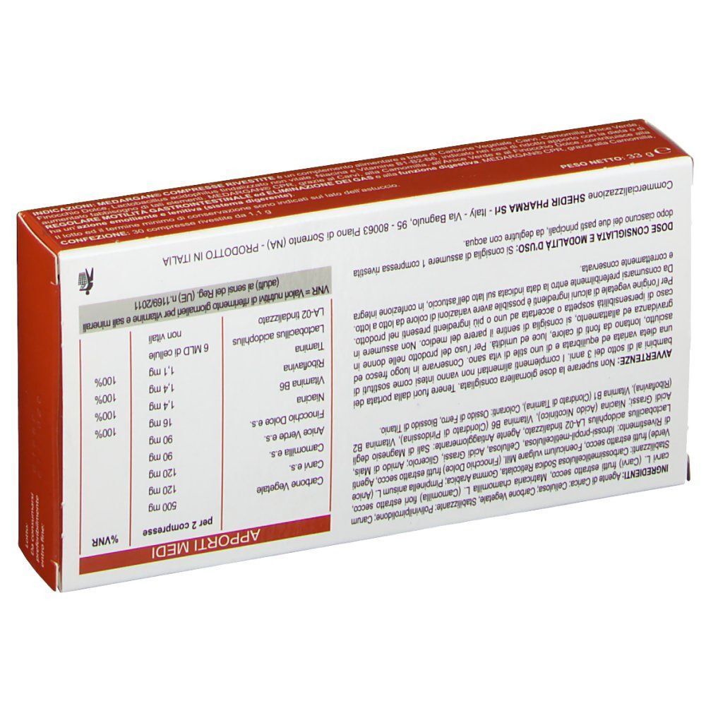 Retro di una scatola MEDARGAN® COMPRESSE RIVESTITE con elenco dettagliato degli ingredienti e informazioni nutrizionali.