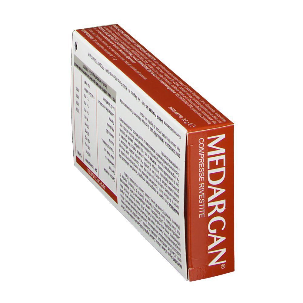 Scatola di MEDARGAN® COMPRESSE RIVESTITE, confezione bianca e rossa con informazioni sul prodotto e illustrazioni, vista prospettica.