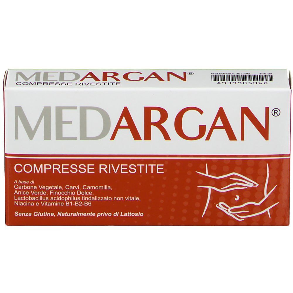 Scatola di MEDARGAN® COMPRESSE RIVESTITE, confezione bianca e rossa con informazioni sul prodotto e illustrazioni.