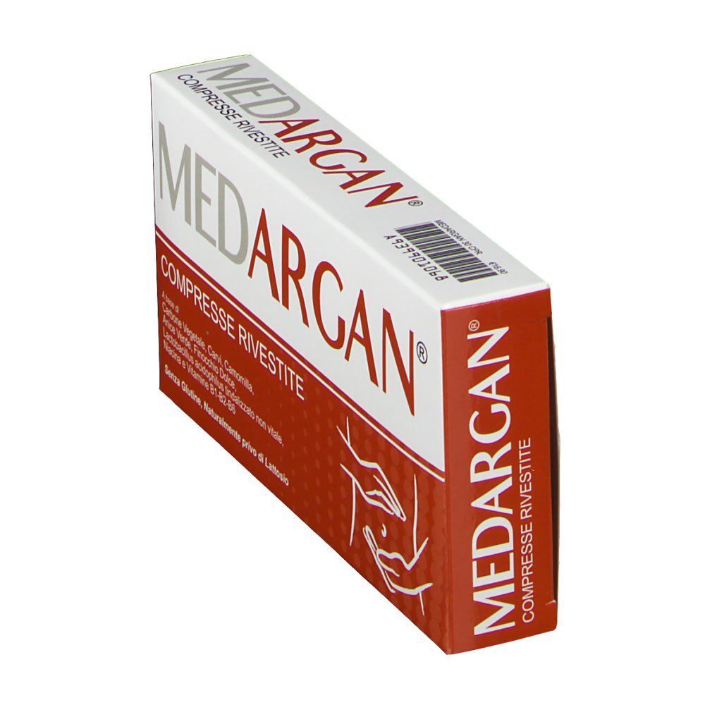 Una scatola di MEDARGAN® compresse rivestite, confezione rosso-bianca con informazioni sul prodotto e illustrazioni.