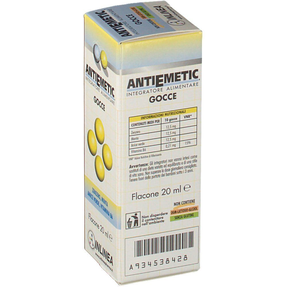 Confezione di ANTIEMETIC Gocce, 20 ml. Il retro riporta informazioni nutrizionali, avvertenze e codice a barre.