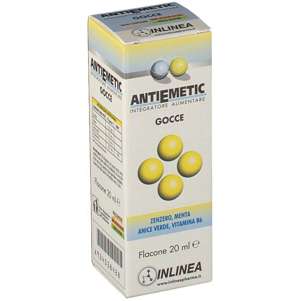 Confezione di ANTIEMETIC Gocce, 20 ml. Vista laterale con informazioni sul prodotto e codice a barre.