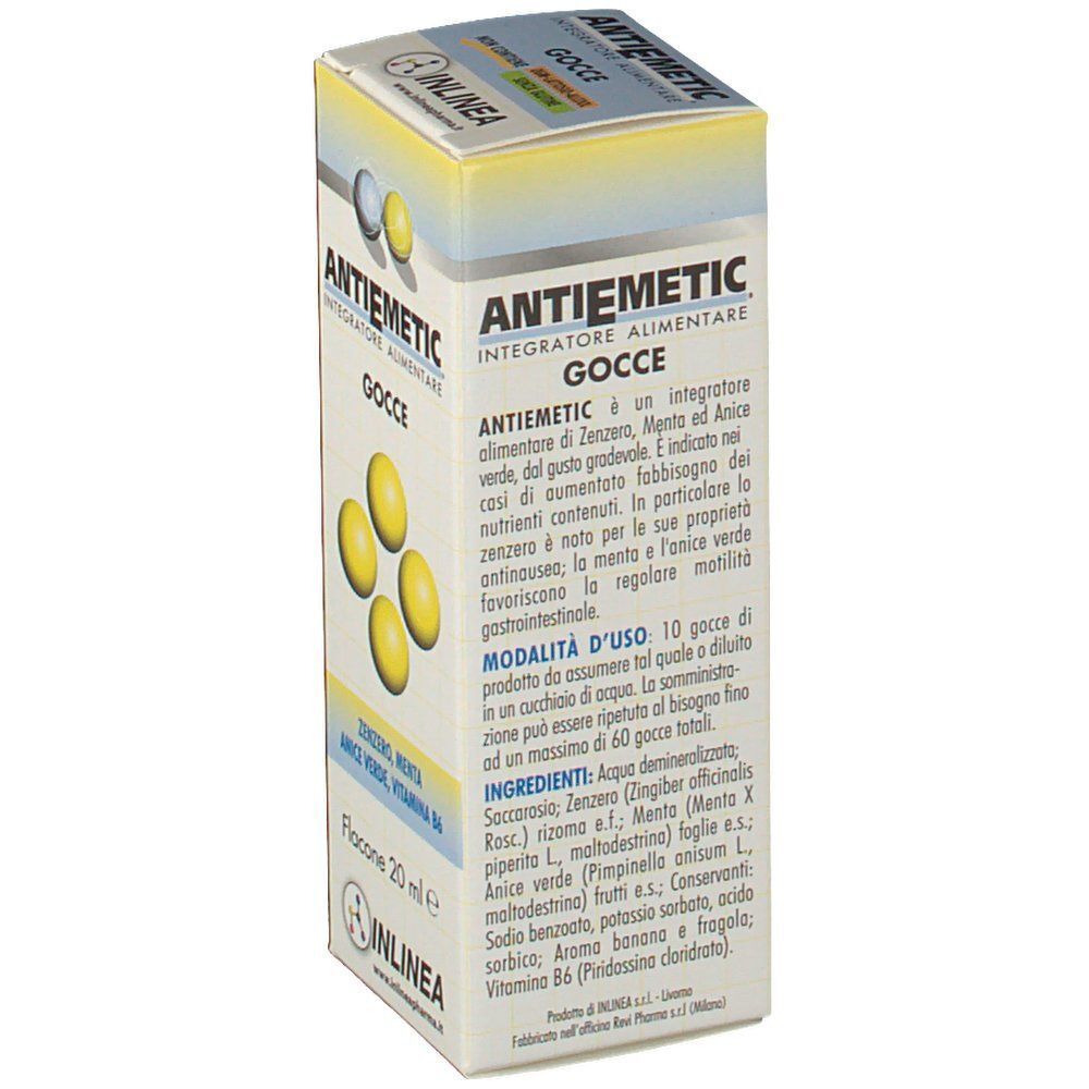 Confezione di ANTIEMETIC Gocce, 20 ml. Vista laterale con descrizione dettagliata del prodotto e ingredienti.