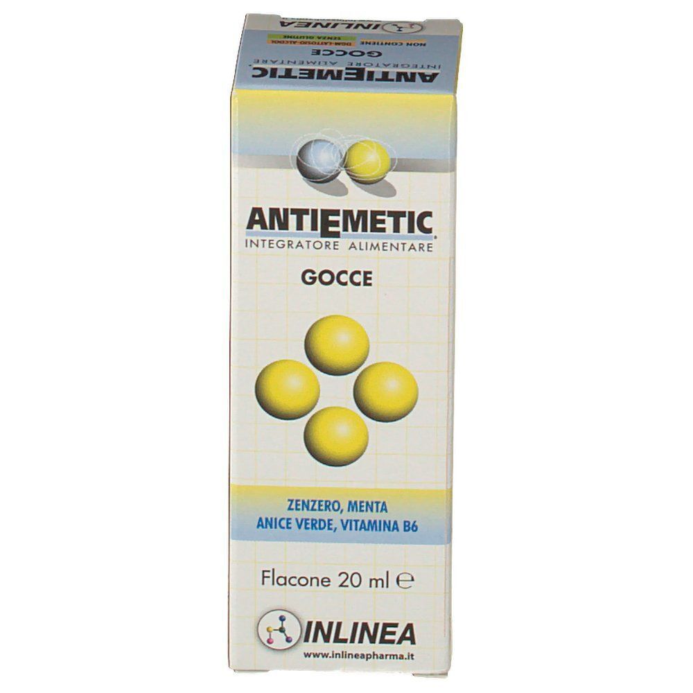 Una scatola ANTIEMETIC Gocce, 20 ml. Fronte con pillole gialle e nome del prodotto.
