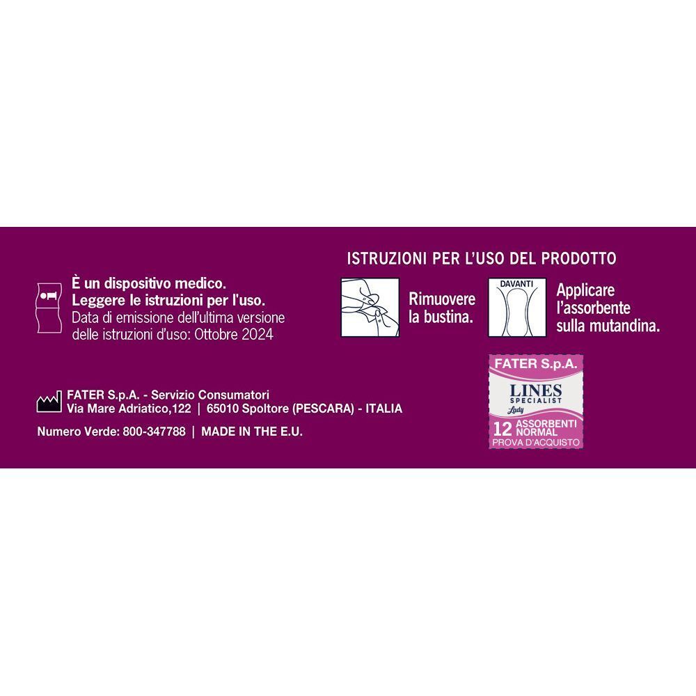 Avviso di dispositivo medico, istruzioni d'uso e informazioni del produttore per gli assorbenti Lines Specialist.