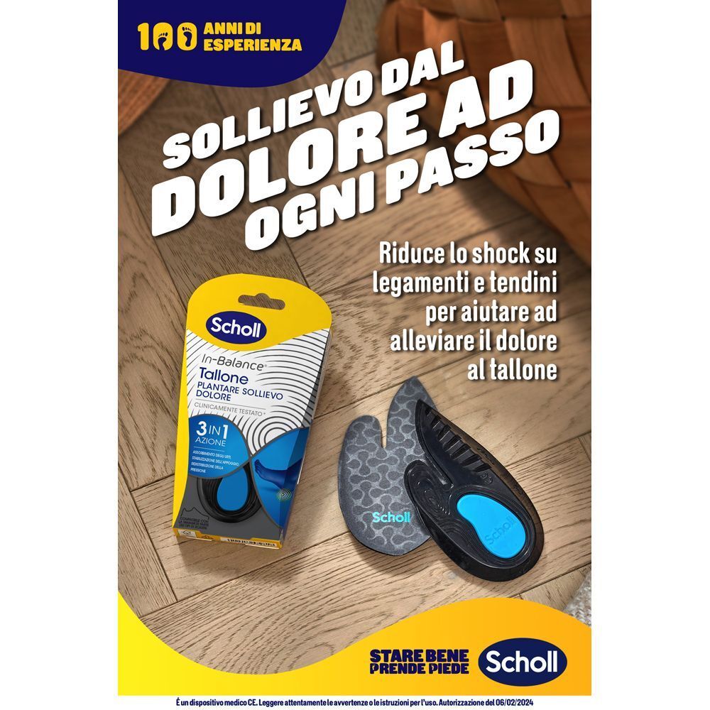 Solette tallone Scholl e confezione su pavimento in legno. "Sollievo dal dolore ad ogni passo".