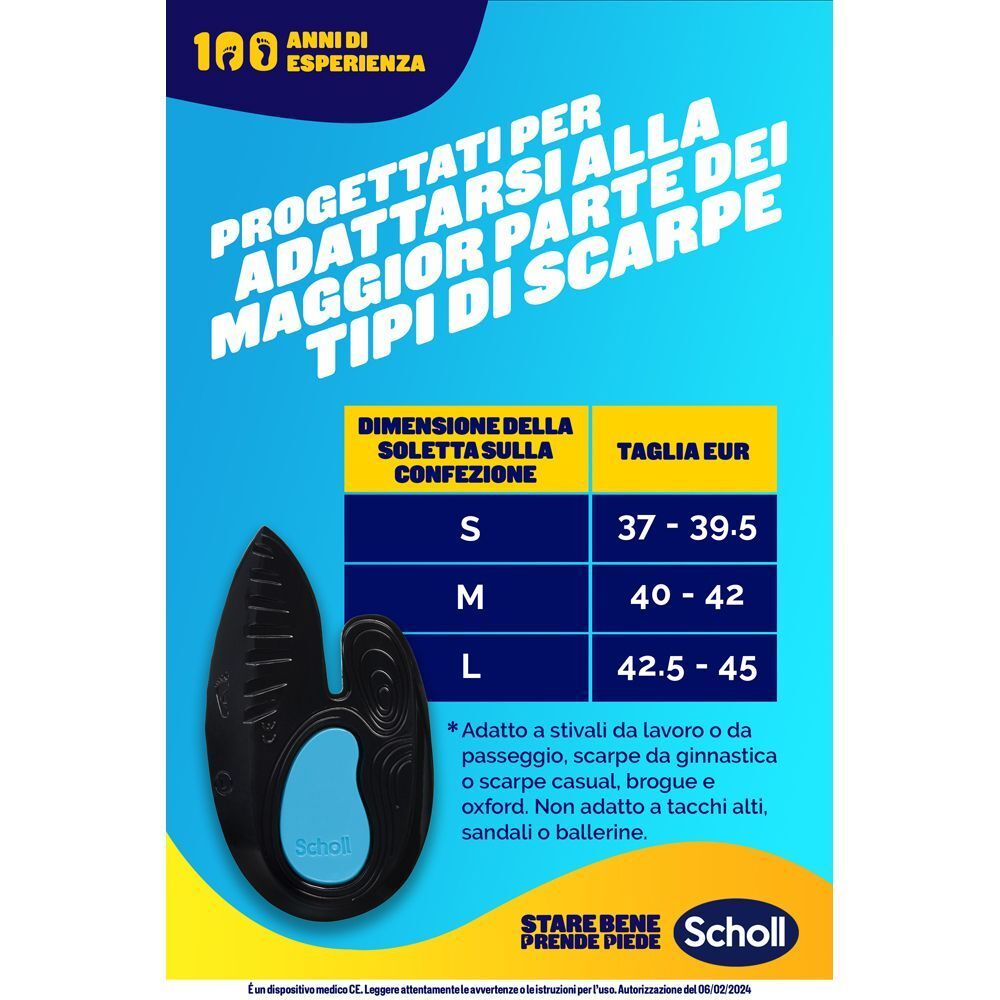 Soletta tallone Scholl nera e tabella taglie (S, M, L).