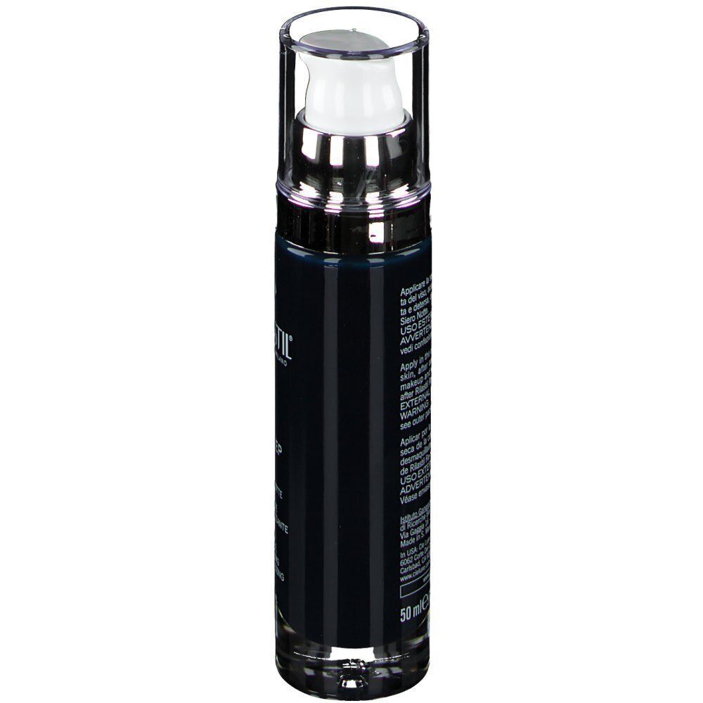 Flacone scuro con dispenser a pompa, Rilastil Re-Sleep Balsamo Notte, retro con testo.