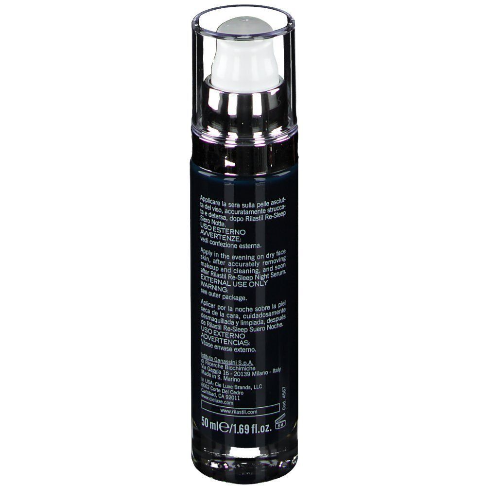 Flacone scuro con dispenser a pompa, Rilastil Re-Sleep Balsamo Notte, retro con testo.