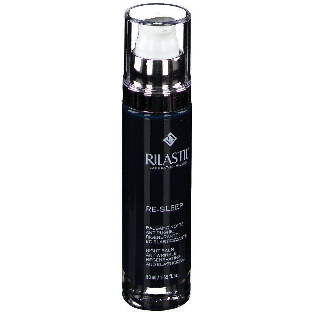 Flacone scuro con dispenser a pompa, Rilastil Re-Sleep Balsamo Notte, fronte con testo.