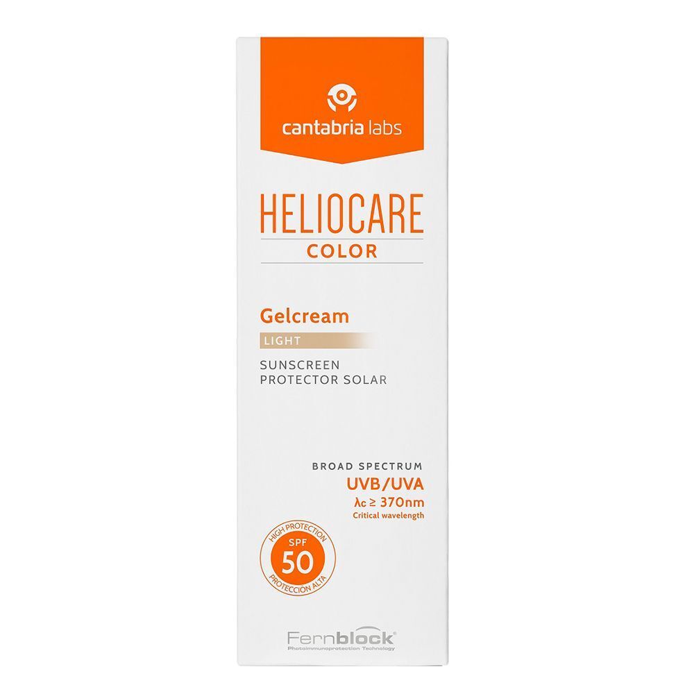 Tubo di Heliocare Color Light Gelcream SPF 50. Protezione solare ad ampio spettro UV/UVA.