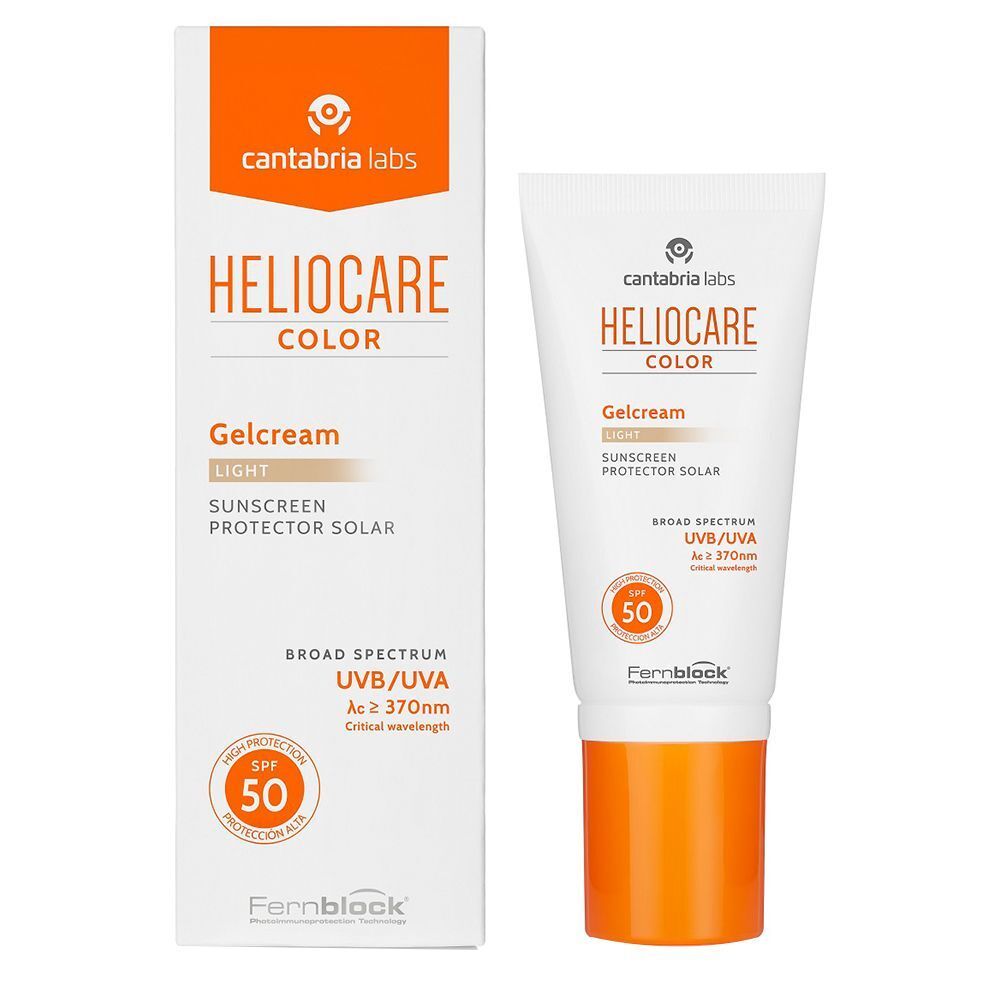 Tubetto e scatola pieghevole Heliocare Color Light Gelcream SPF 50. Bianco con accenti arancioni.