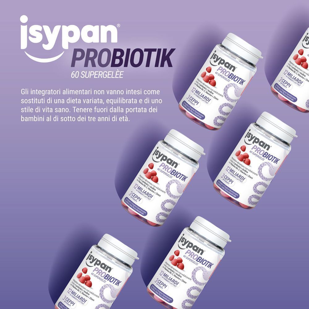 Molteplici flaconi di Isypan Probiotik 60 Supergelee su sfondo viola.