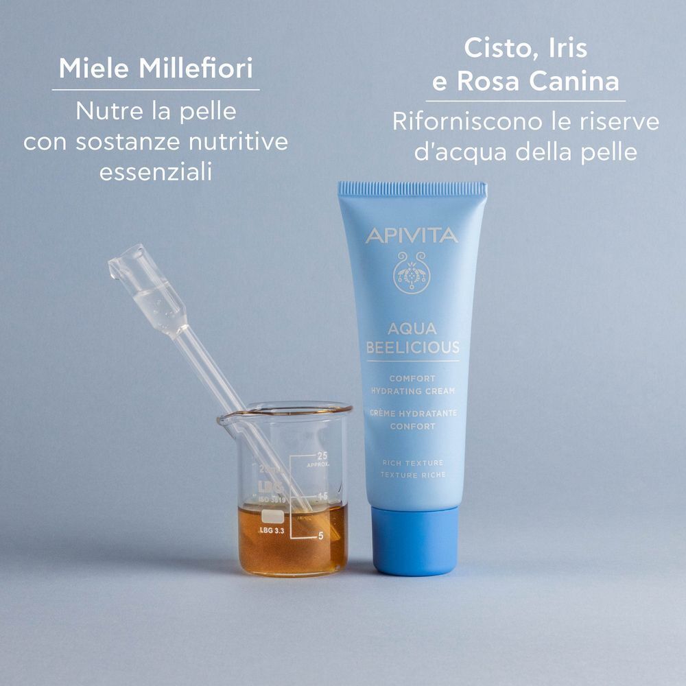 Crema APIVITA Aqua Beelicious, miele e attrezzatura da laboratorio.