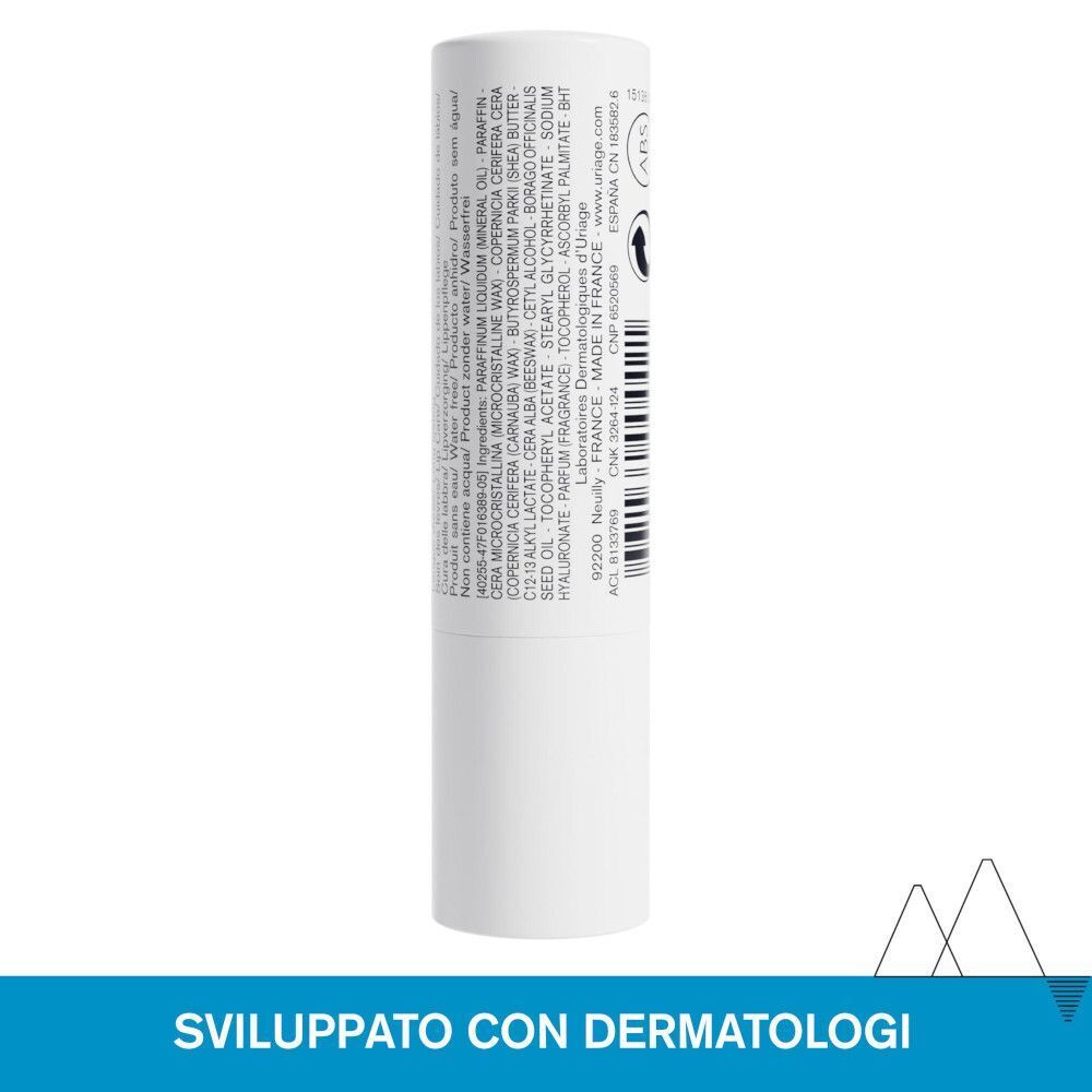 Retro di uno stick labbra URIAGE Eau Thermale con ingredienti e informazioni del produttore.