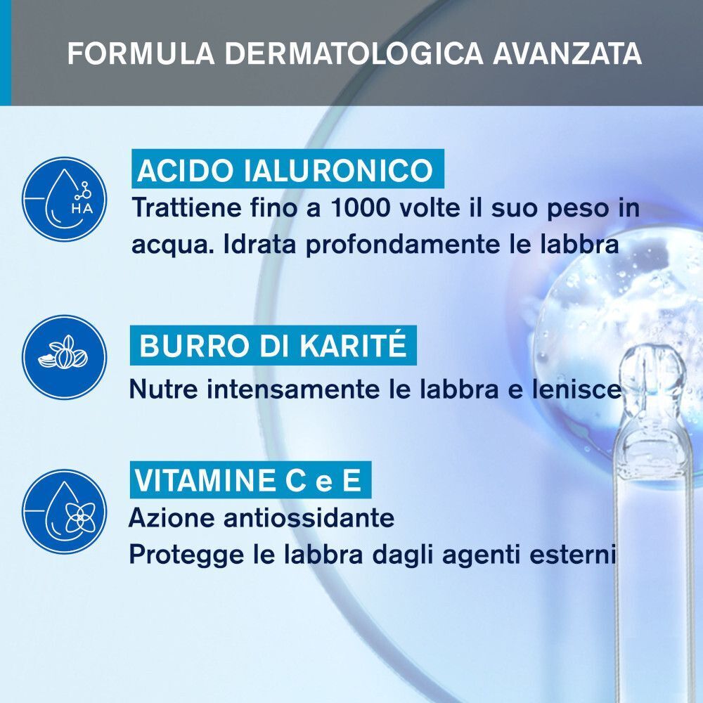 Ingredienti del balsamo labbra URIAGE: acido ialuronico, burro di karité, vitamine C ed E.