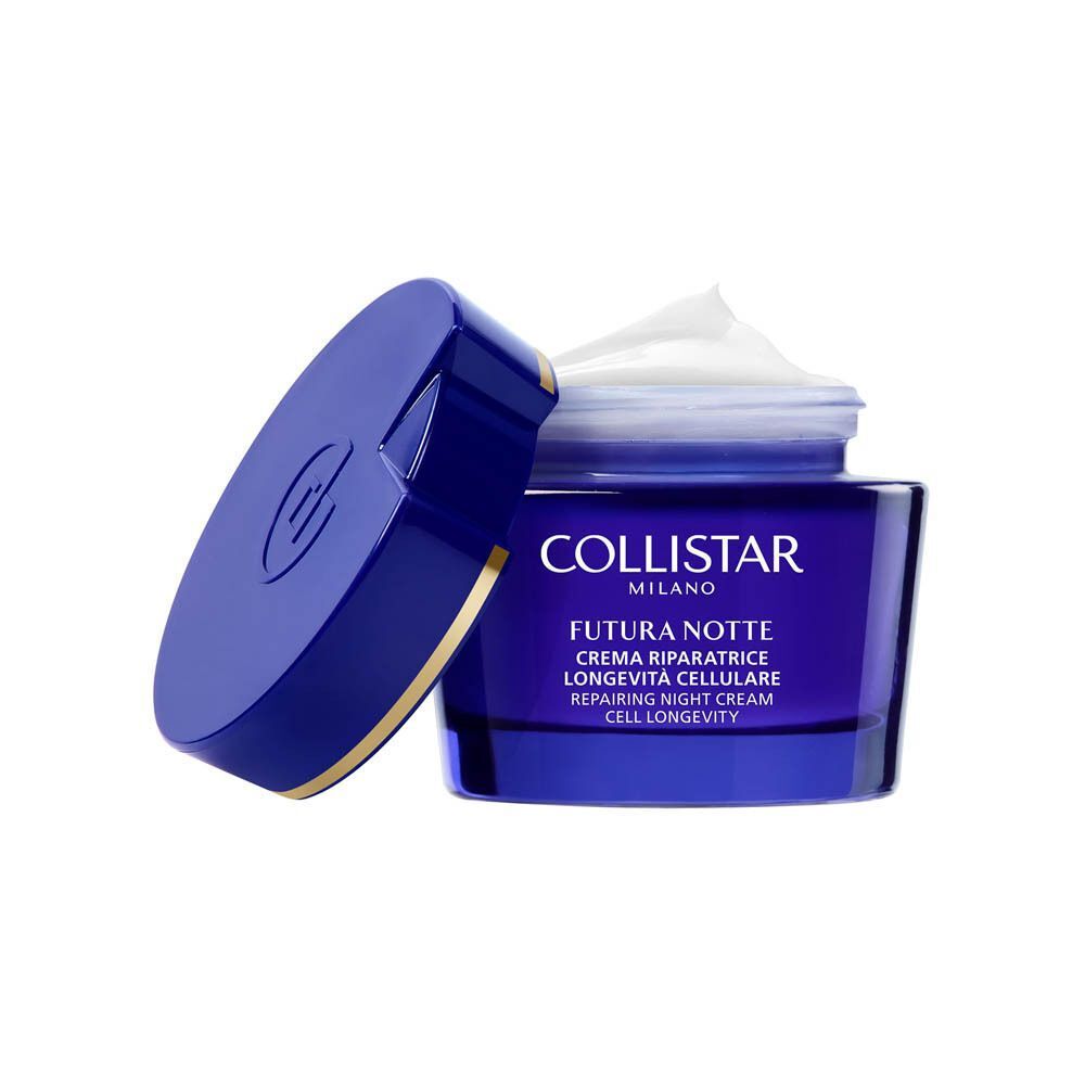 Un vasetto blu aperto con bordo dorato, Crema Collistar Futura Notte con texture visibile.