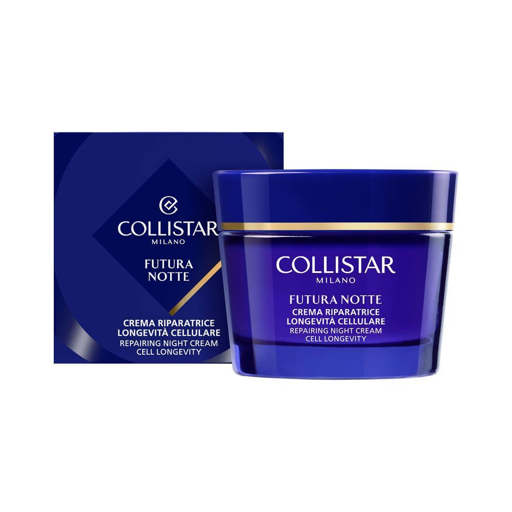 Un vasetto blu con bordo dorato e una scatola blu, Crema Collistar Futura Notte.