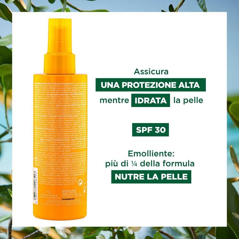 Retro di un flacone spray solare Klorane con istruzioni dettagliate per l'uso e ingredienti.