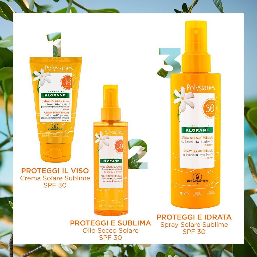 Prodotti solari Klorane: crema viso, olio corpo e spray corpo, tutti SPF 30.