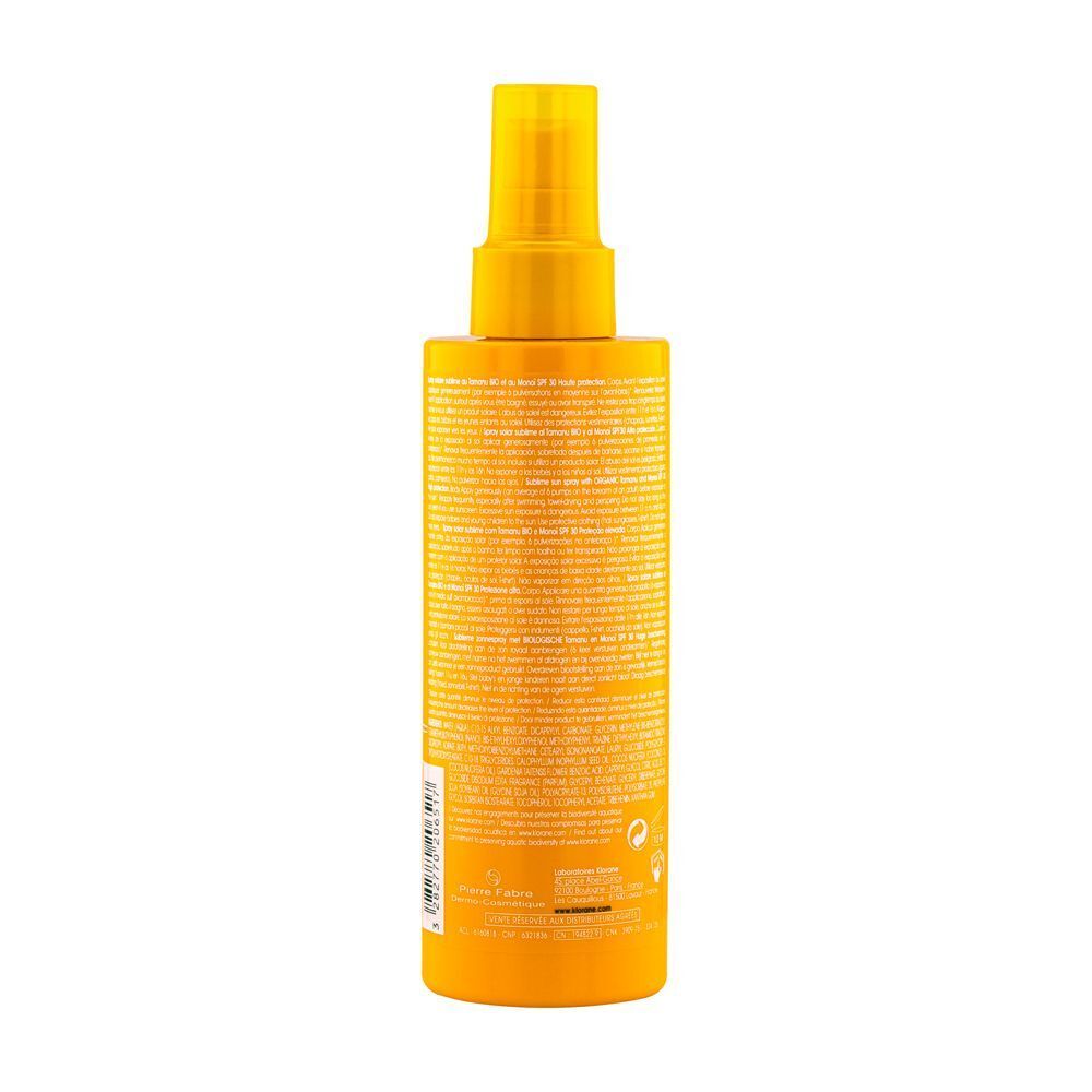 Retro di un flacone spray solare Klorane con istruzioni dettagliate per l'uso e ingredienti.