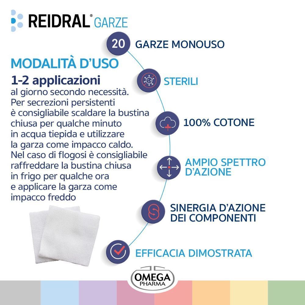 REIDRAL® GARZE: 20 garze sterili monouso, 100% cotone.