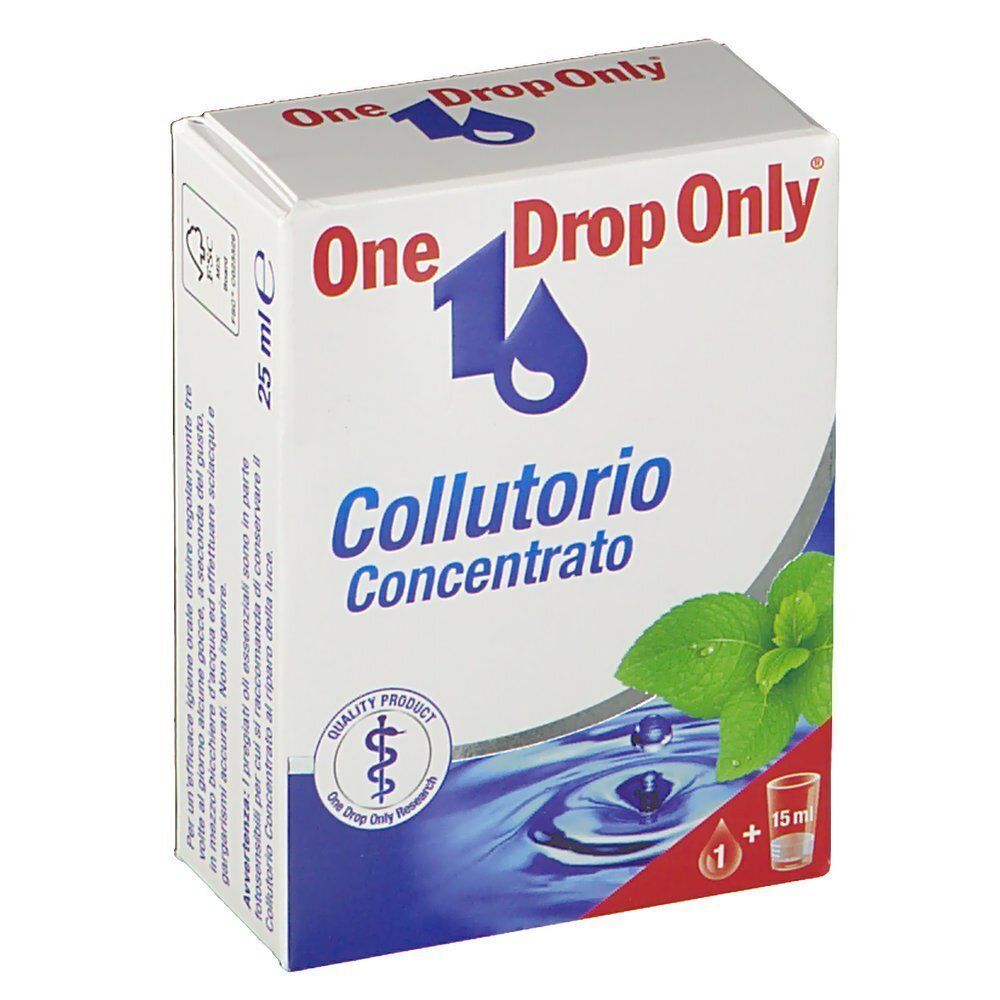 Fronte di una confezione di One Drop Only® Collutorio Concentrato con foglie di menta e acqua.
