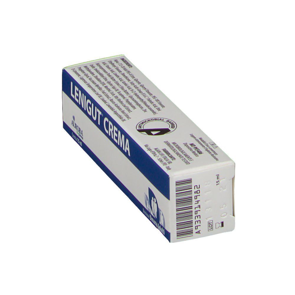 Scatola di LENIGUT® Crema, 15 ml, vista di lato. Confezione blu e bianca con codice a barre e ingredienti.