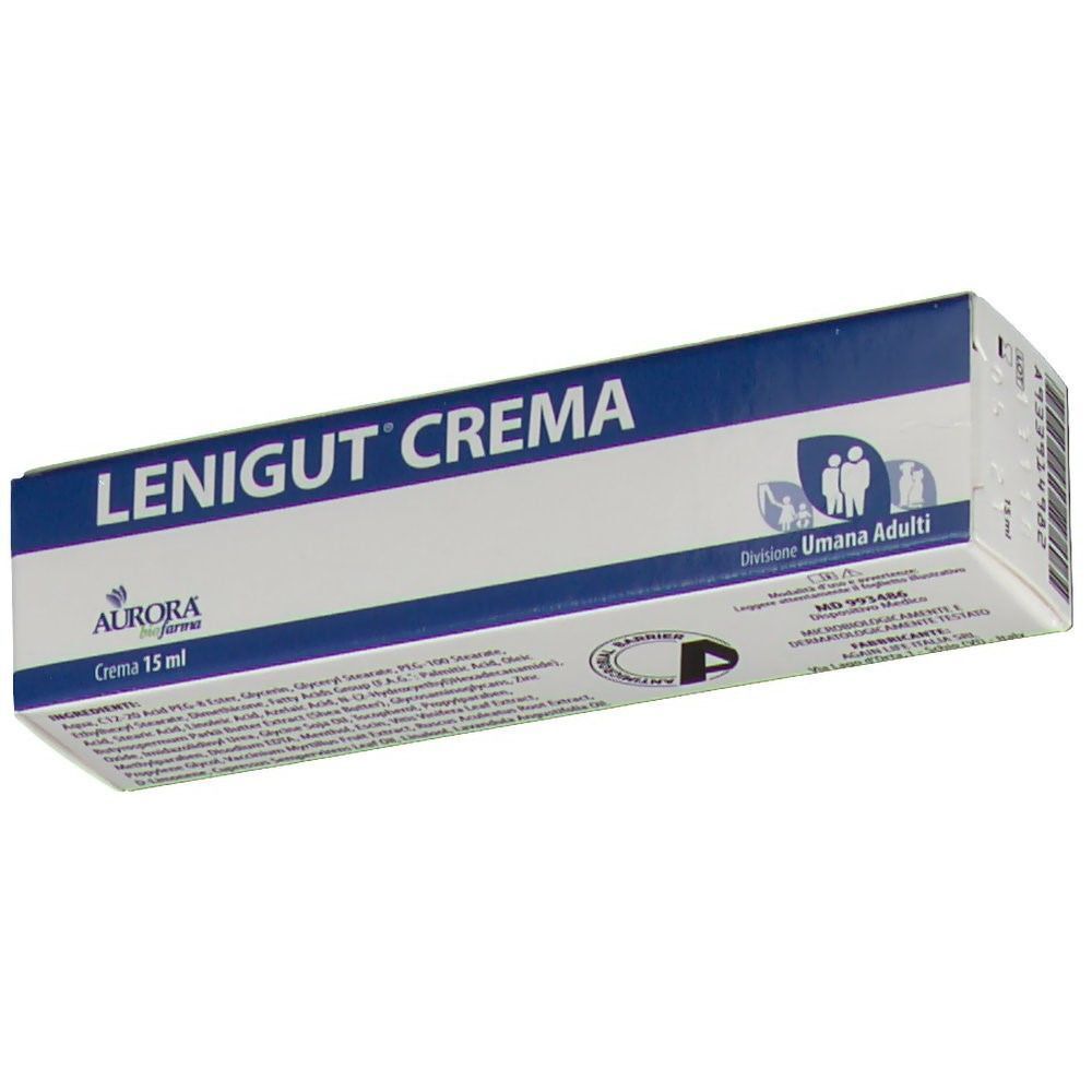 Scatola di LENIGUT® Crema, 15 ml. Confezione blu e bianca con nome del prodotto, ingredienti e simboli.