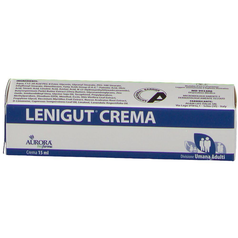 Scatola di LENIGUT® Crema, 15 ml. Confezione blu e bianca con nome del prodotto, ingredienti e informazioni del produttore.