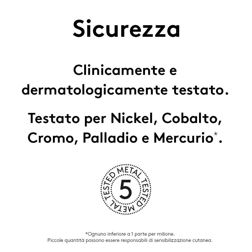 Logo KORFF e sigillo "5 METAL TESTED" per sicurezza clinicamente testata.