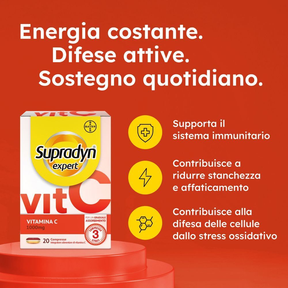 Confezione Supradyn Expert Vit C 1000mg con icone per sistema immunitario ed energia.