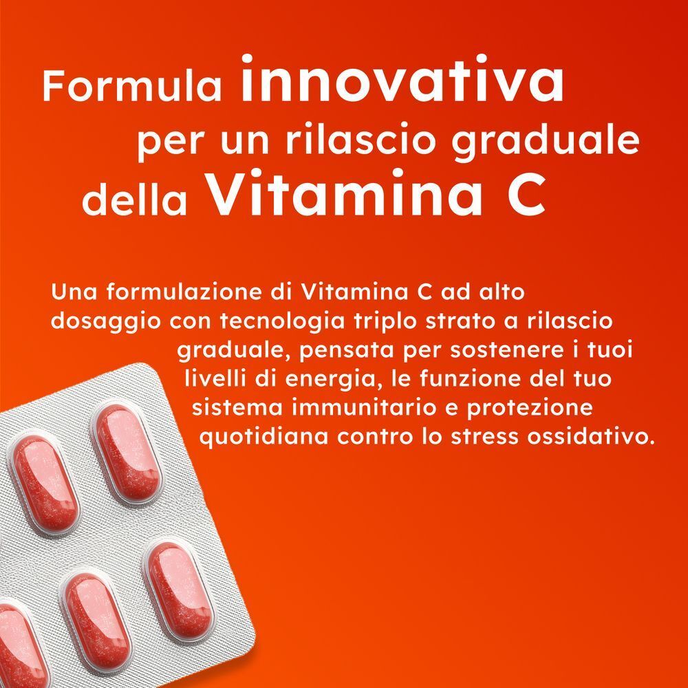 Blister di compresse di vitamina C e testo sulla formula innovante.
