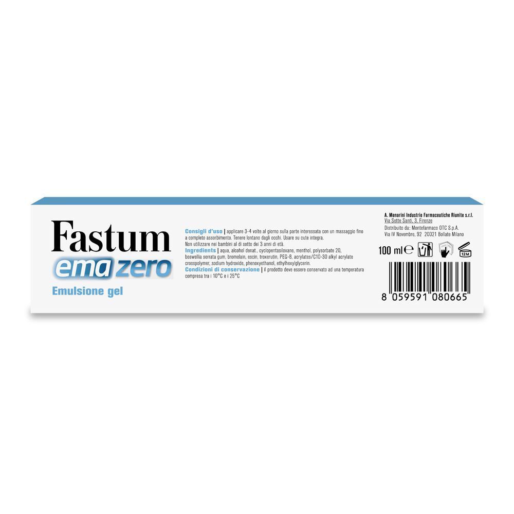 Retro della confezione del gel emulsione Fastum Emazero con ingredienti e codice a barre.