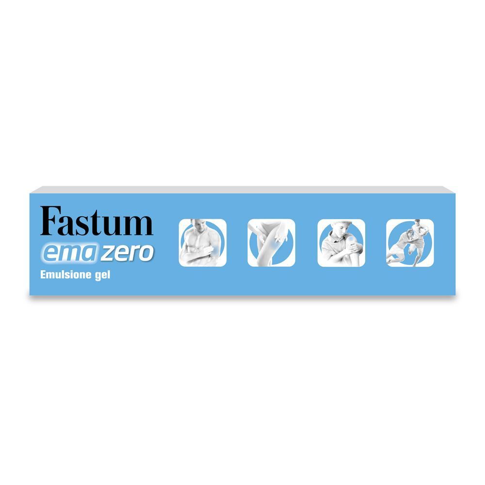Confezione di gel emulsione Fastum Emazero con quattro piccole immagini di aree di applicazione.