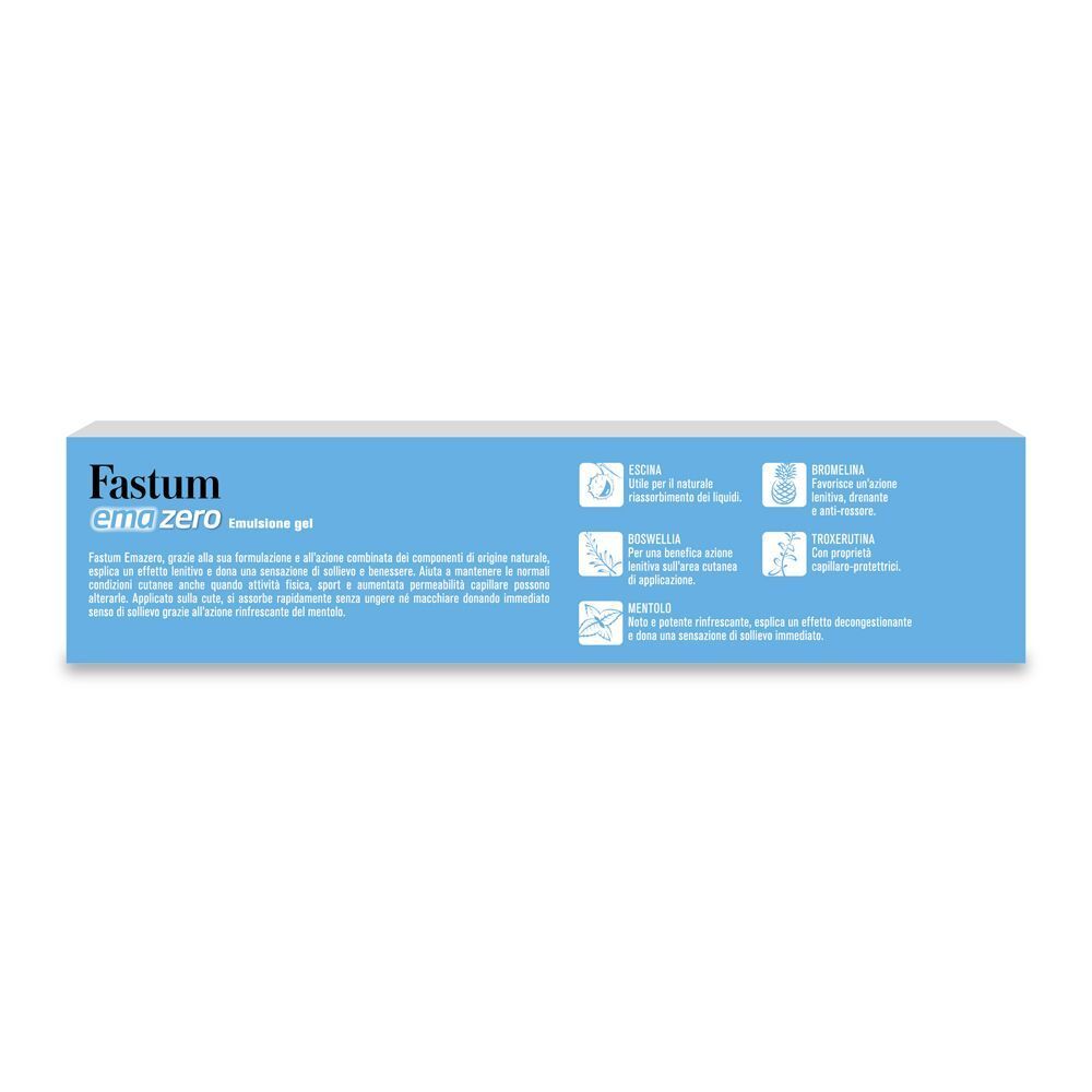 Lato della confezione del gel emulsione Fastum Emazero con simboli e descrizioni di applicazione.