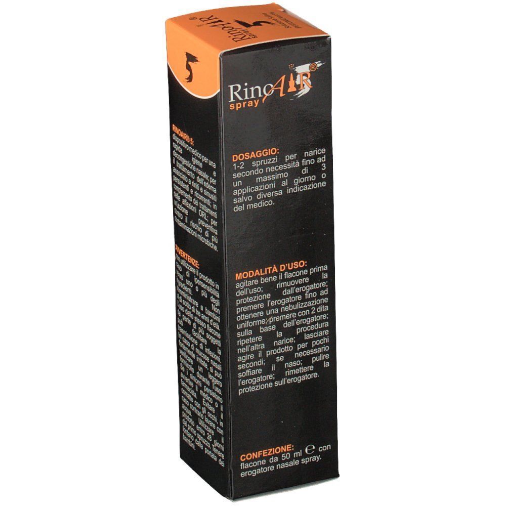 Confezione Rinoair® Spray 5%: istruzioni di dosaggio e modalità d'uso.