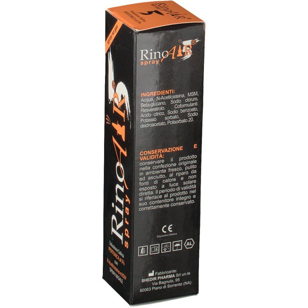 Retro di una confezione Rinoair® Spray 5% con ingredienti e marcatura CE.