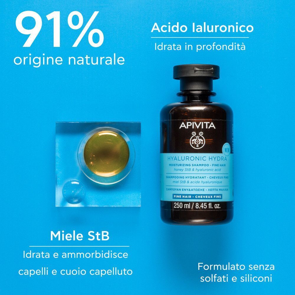 Shampoo idratante APIVITA Hyaluronic Hydra ed estratto di miele StB per capelli fini.