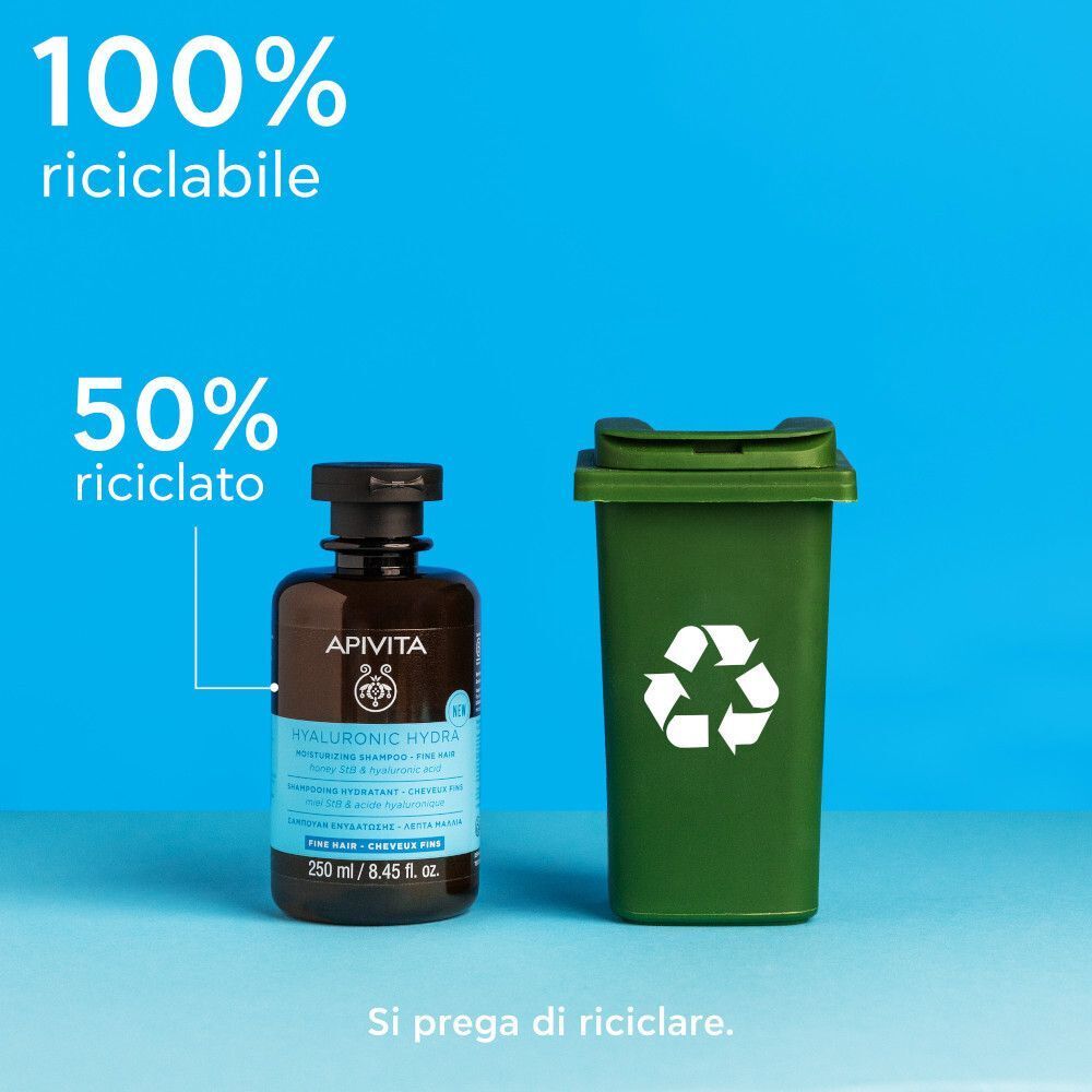 Shampoo idratante APIVITA Hyaluronic Hydra e bidone per il riciclaggio.