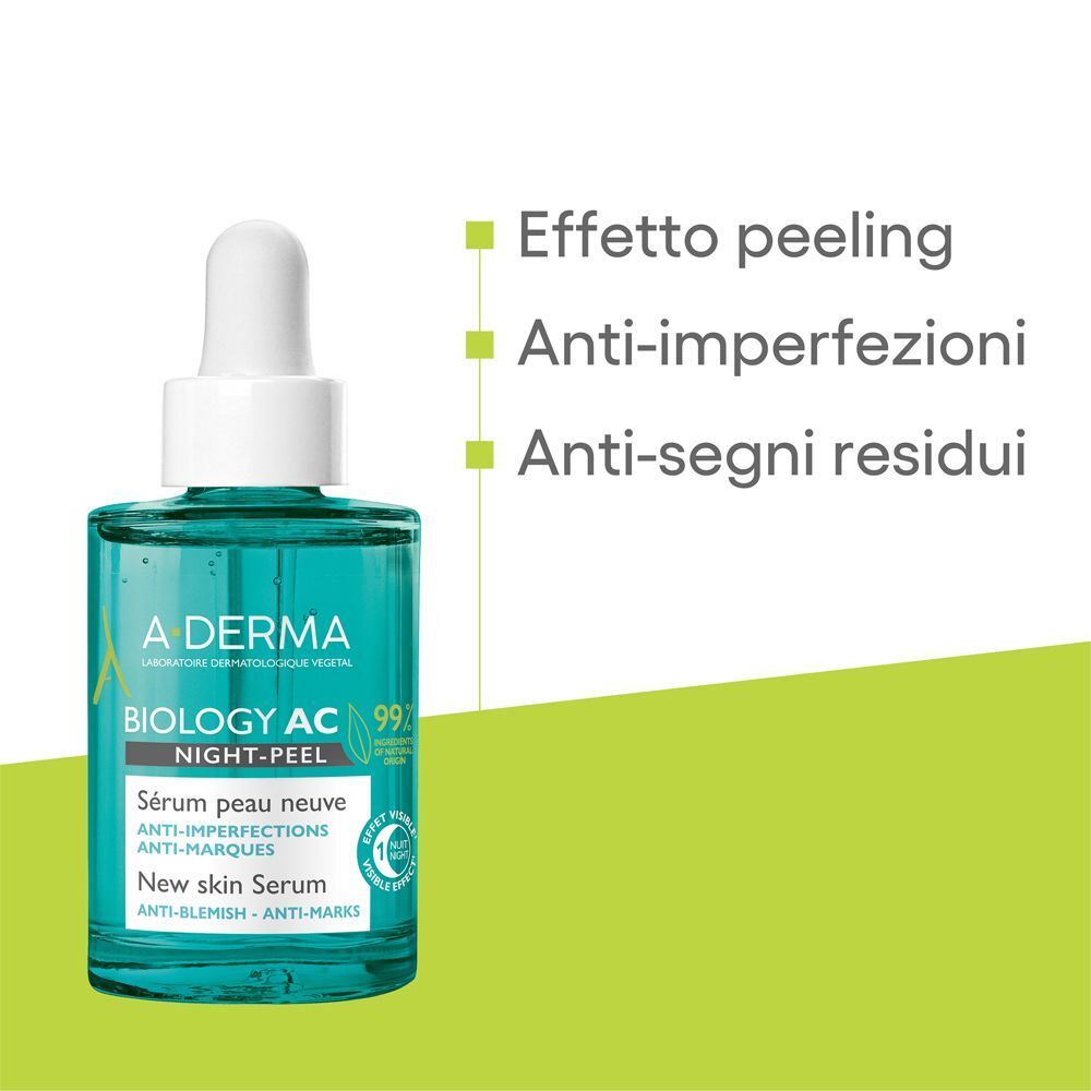 Siero A-Derma Biology AC Night Peel con contagocce, con indicazioni su effetto peeling e anti-imperfezioni.