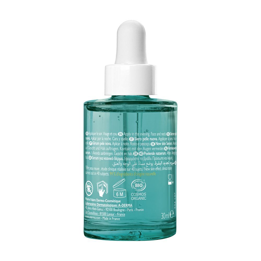 Retro di un flacone di siero A-Derma Biology AC Night Peel con istruzioni e sigilli.