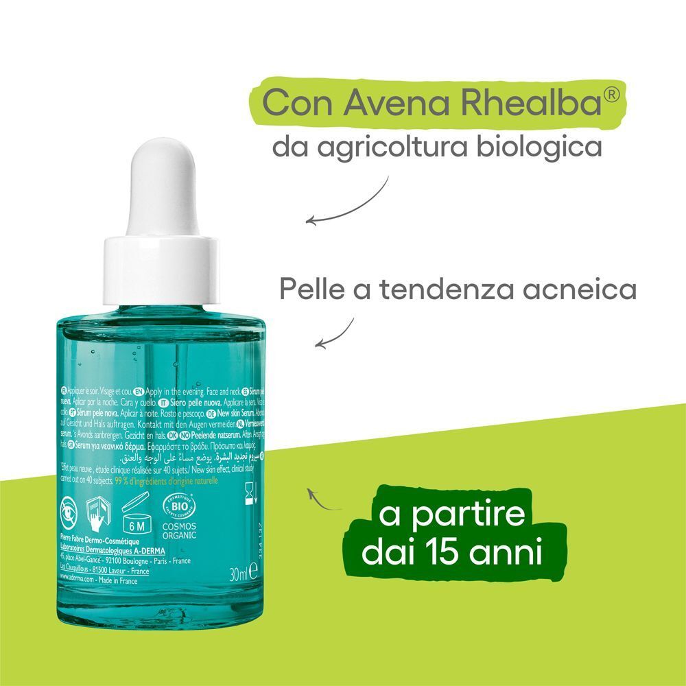 Retro di un flacone di siero A-Derma Biology AC Night-Peel con sigillo Bio.