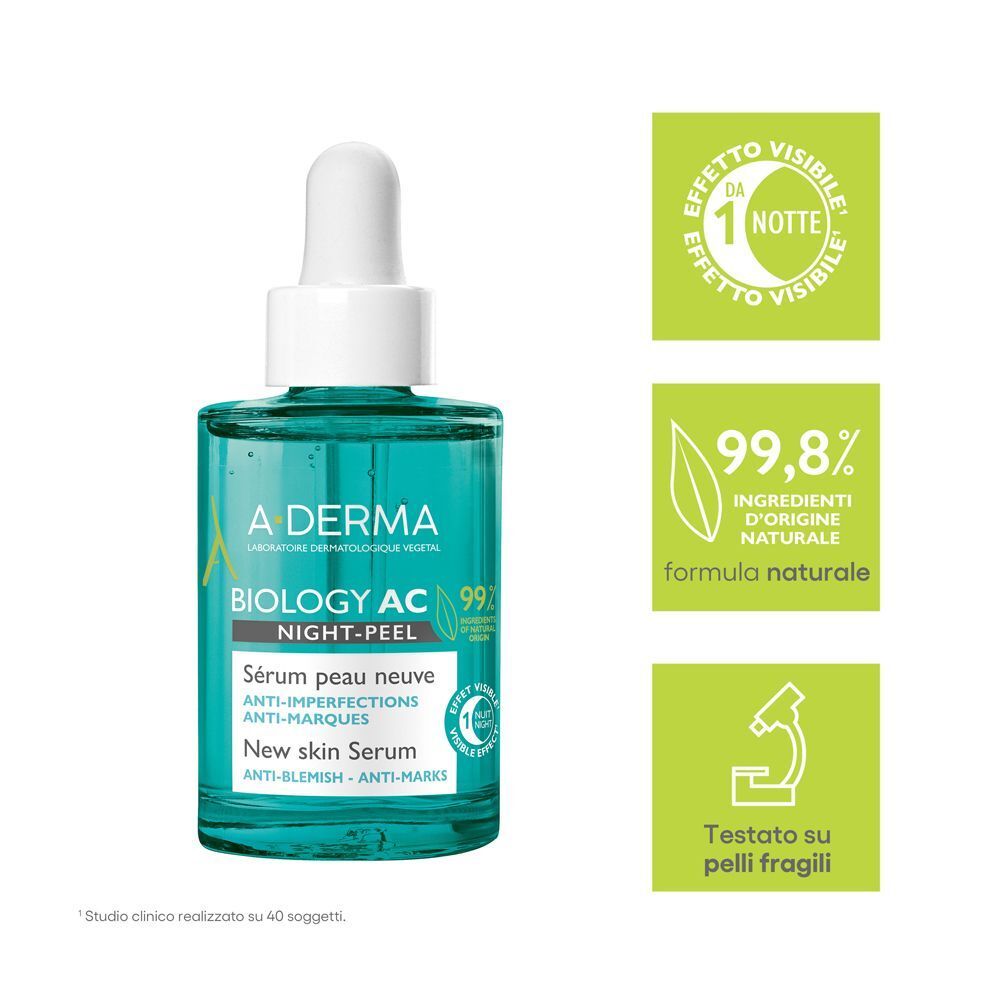 Siero A-Derma Biology AC Night-Peel: 99,8% ingredienti naturali, testato su pelli fragili.